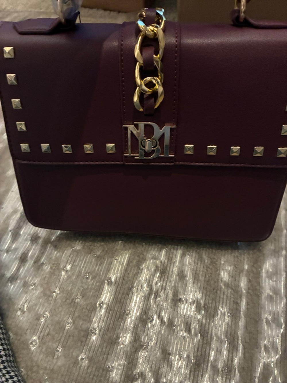 Badgley Mischka Burgundy Satchel with Gold Chain Detail - Picture 4 of 5